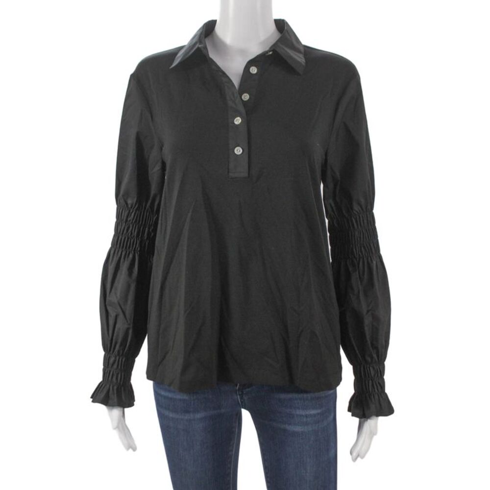 Hinson Wu Women Collared Black Cotton Button Long Sleeve Blouse Size XS